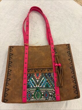 Catchfly Brown Tote with Hot Pink Studded Straps and Tribal Accent